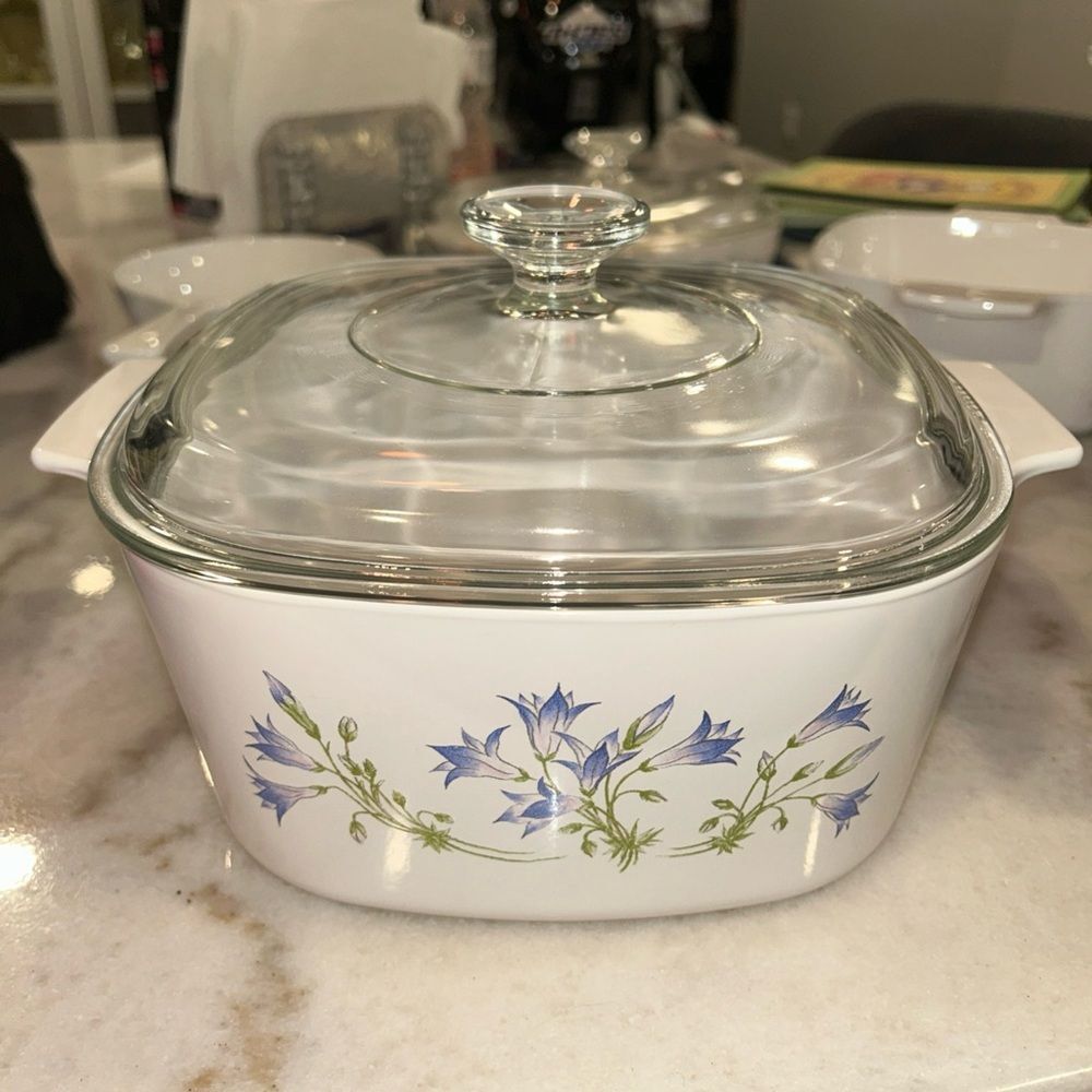 Vintage Corningware Blue Dusk Bells Casserole Dish 3 L W/ Pyrex Lid